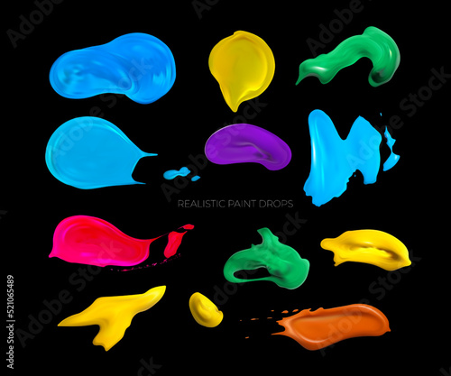 Colorful liquid icing drop set. Colored drops of paint. The puddle of an oil paint spill isolated over the black background, 3d realistic vector illustration. Oozing fluid paint.
