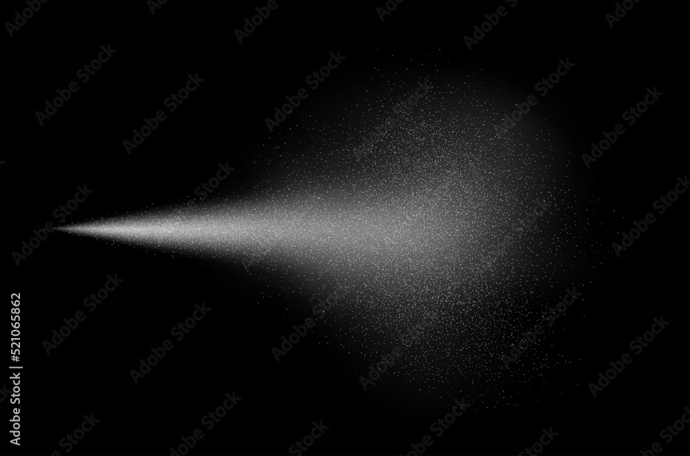 Water spray effect, realistic cosmetic mist, transparent atomizer splash. White fragrance aerosol texture, abstract cosmetic haze isolated on black. Vector illustration. - obrazy, fototapety, plakaty 