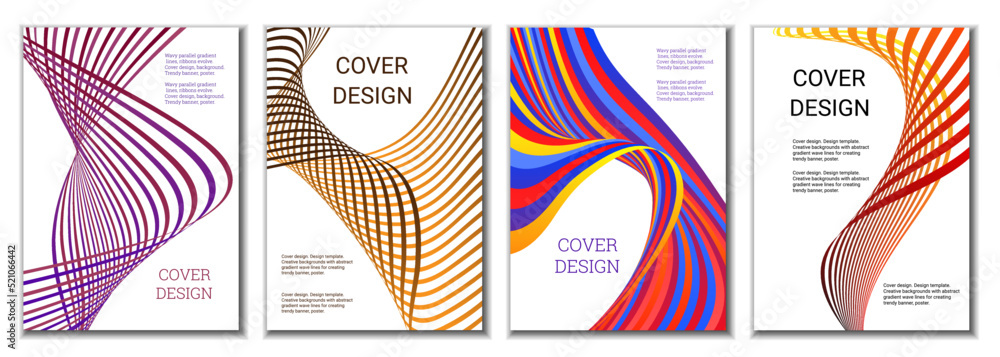 A set of 4 abstract covers. Wavy parallel gradient lines, ribbons evolve. Cover design, background. Trendy banner, poster. A set of 4 abstract covers. Wavy parallel gradient lines, ribbons evolve. Cover design, background. Trendy banner, poster.