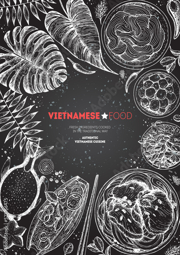 Vietnamese food top view frame. A set of vietnamese dishes . Food menu design template. Vintage hand drawn sketch vector illustration. Engraved image