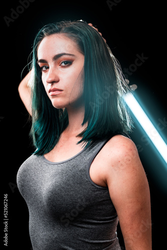 blue haired girl with lightsaber