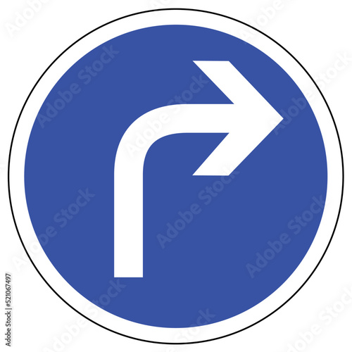 Vector illustration of a road sign showing to the right direction only. Blue color graphics of a traffic sign. 