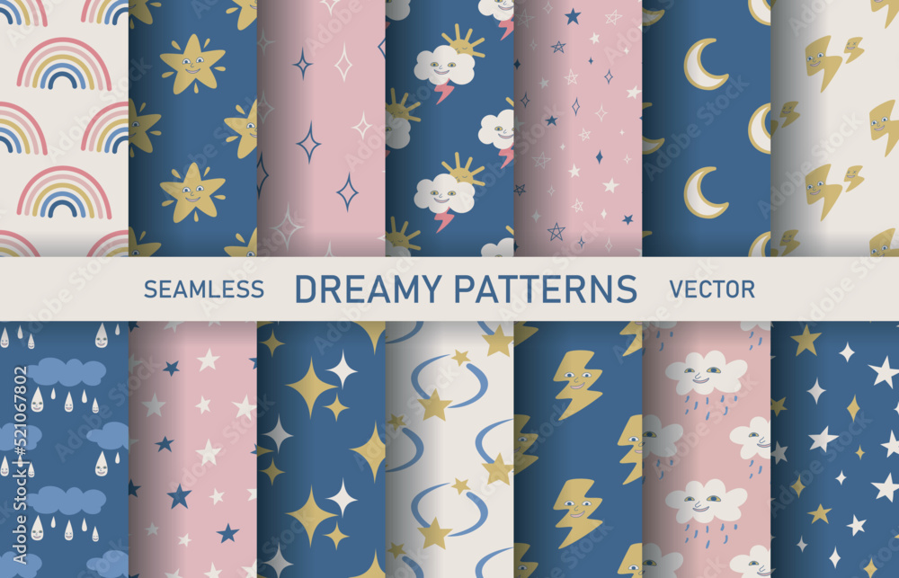 Set of seamless vector dreamy patterns. Collection of stars moon cloud and rainbow backgrounds for design, fabric, textile, cover, wrapping. Set of seamless vector dreamy patterns. Collection of stars moon cloud and rainbow backgrounds for design, fabric, textile, cover, wrapping.