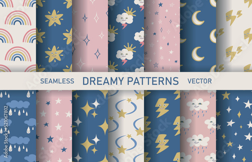 Set of seamless vector dreamy patterns. Collection of stars moon cloud and rainbow backgrounds for design, fabric, textile, cover, wrapping.