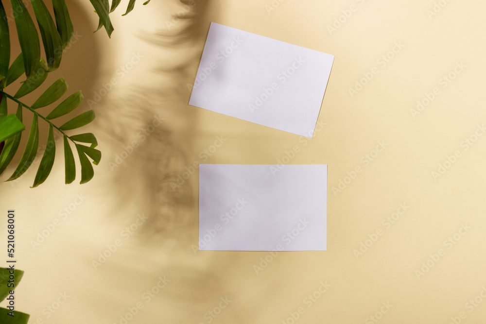 Mockup with blank horizontal sheets of paper with copy space. Hard sunlight and shadows on a white background with palm leaves. Template for business layout. Top view, flat lay