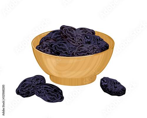 Prunes in wooden bowl isolated on white background. Dried fruits vector illustration in cartoon flat style.
