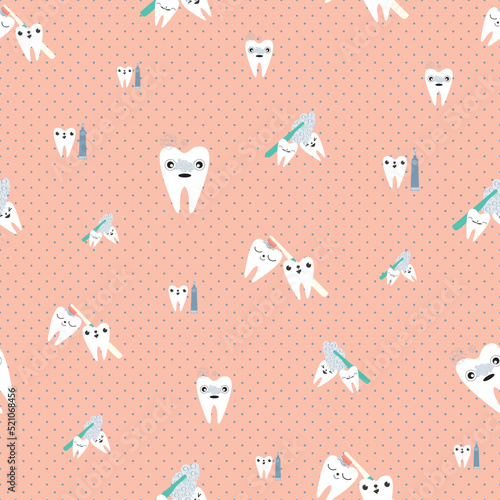 Kawaii tooth kids dental care vector educational seamless pattern background. Cute cartoon characters with toothbrush, tooth paste, brushing teeth. Fun children oral health pink white repeat.