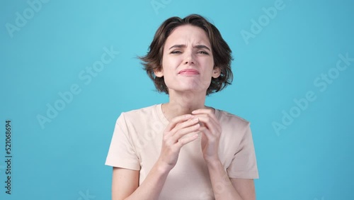 Lady not seeing anything isolated on blue color background