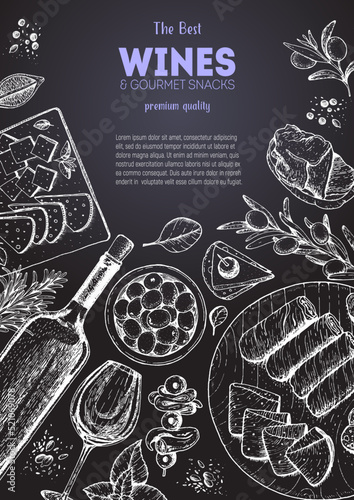 Wines and gourmet snacks frame vector illustration. Snacks for wine hand drawn. Gourmet food set.