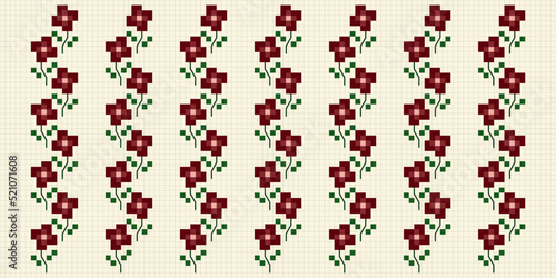 flower pixel art. antique style pattern for fabric, ceramic, cover, wallpaper. Cross stitch pattern. Grid Vector illustration.