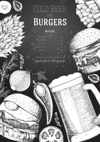 Beer and burgers vector illustration. Fast food, junk food frame. Pub food menu. Elements for burgers restaurant menu design. Engraved image, retro style. photo