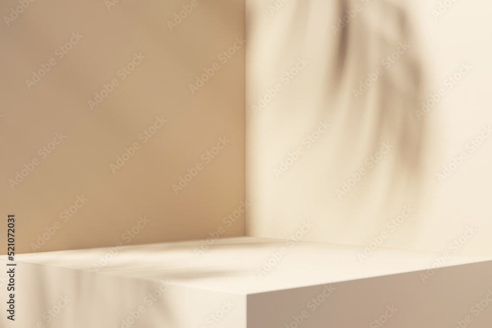 Minimal abstract background for product presentation. Leaf shadow on white plaster wall. 3d render. Spring and summer. Minimal abstract background for product presentation. Leaf shadow on white plaster wall. 3d render. Spring and summer.