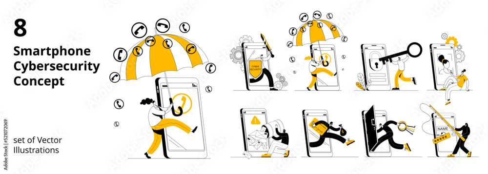 A man with a shield and a sword protects his mobile phone. A set of vector illustrations on the topic of protecting your smartphone from cyber attacks, hacking and spam calls. - obrazy, fototapety, plakaty 