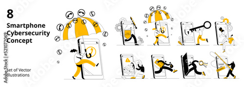 A man with a shield and a sword protects his mobile phone. A set of vector illustrations on the topic of protecting your smartphone from cyber attacks, hacking and spam calls. photo