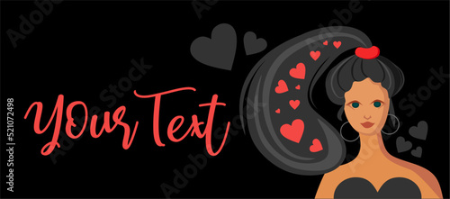 A brunette girl against a black backdrop, whose hair develops in the background. Red hearts in her hair. Place to insert text on the left. Love