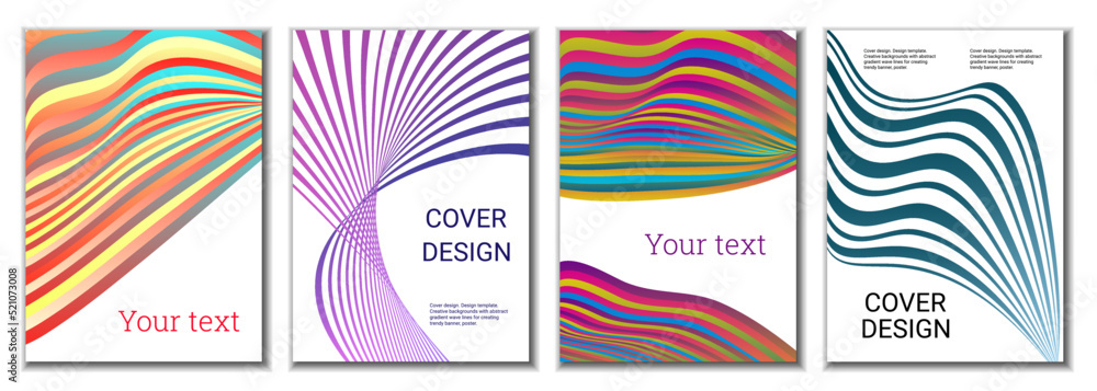 A set of 4 abstract covers. Wavy parallel gradient lines, ribbons evolve. Cover design, background. Trendy banner, poster. A set of 4 abstract covers. Wavy parallel gradient lines, ribbons evolve. Cover design, background. Trendy banner, poster.
