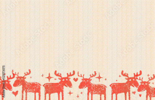 Red deer silhouettes with empty space for text or invitation. Imitation of silk-screen printing or stamp printing on cotton.