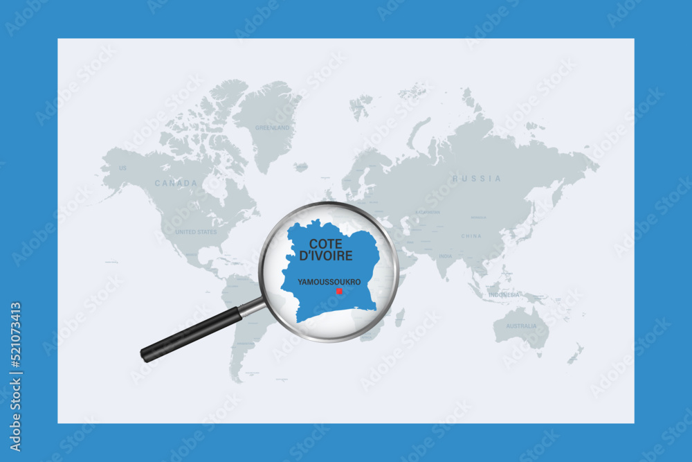 Map of Cote d'Ivoireon political world map with magnifying glass