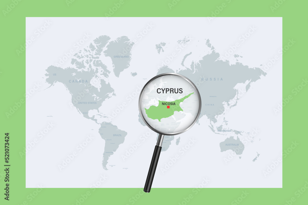 Map of Cyprus on political world map with magnifying glass Map of Cyprus on political world map with magnifying glass
