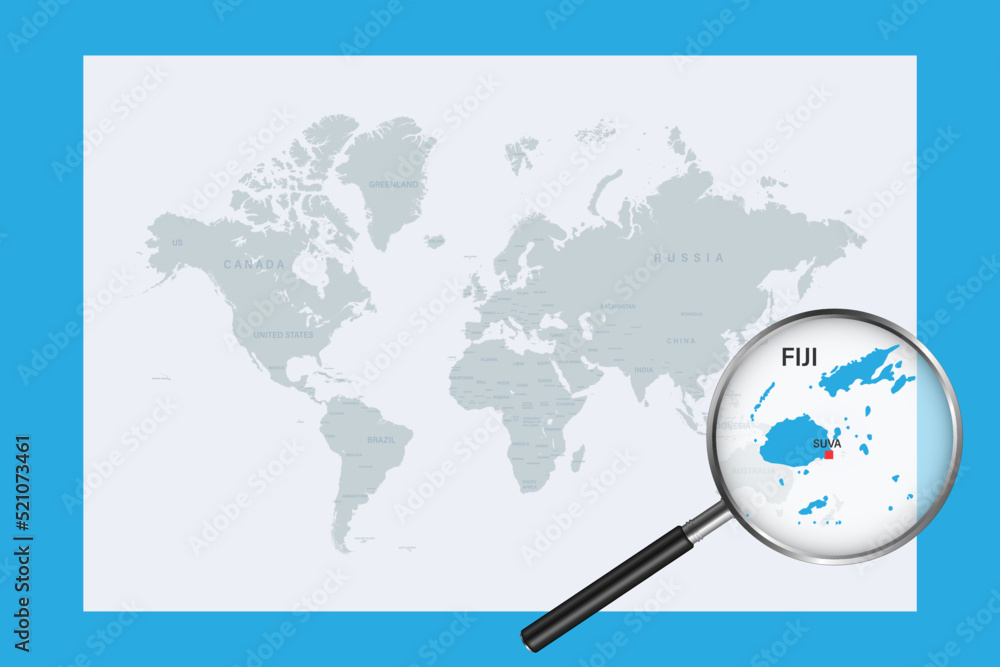 Map of Fiji on political world map with magnifying glass Map of Fiji on political world map with magnifying glass