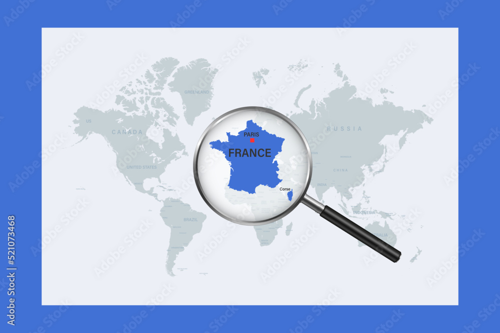 Map of France on political world map with magnifying glass Map of France on political world map with magnifying glass