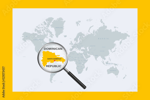 Map of Dominican Republic on political world map with magnifying glass