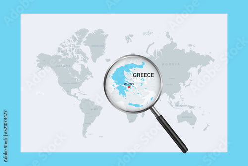Map of Greece on political world map with magnifying glass