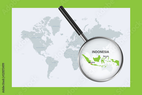 Map of Indonesia on political world map with magnifying glass
