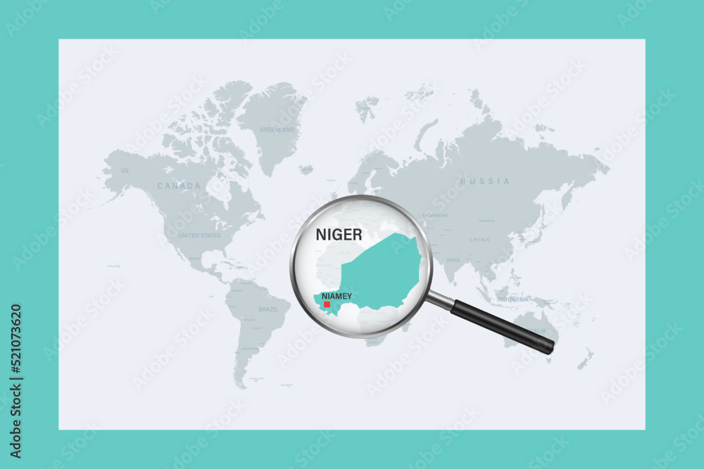 Map of Niger on political world map with magnifying glass Map of Niger on political world map with magnifying glass