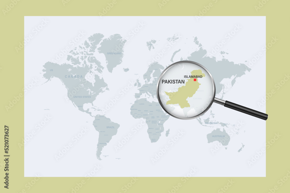 Map of Pakistan on political world map with magnifying glass Map of Pakistan on political world map with magnifying glass