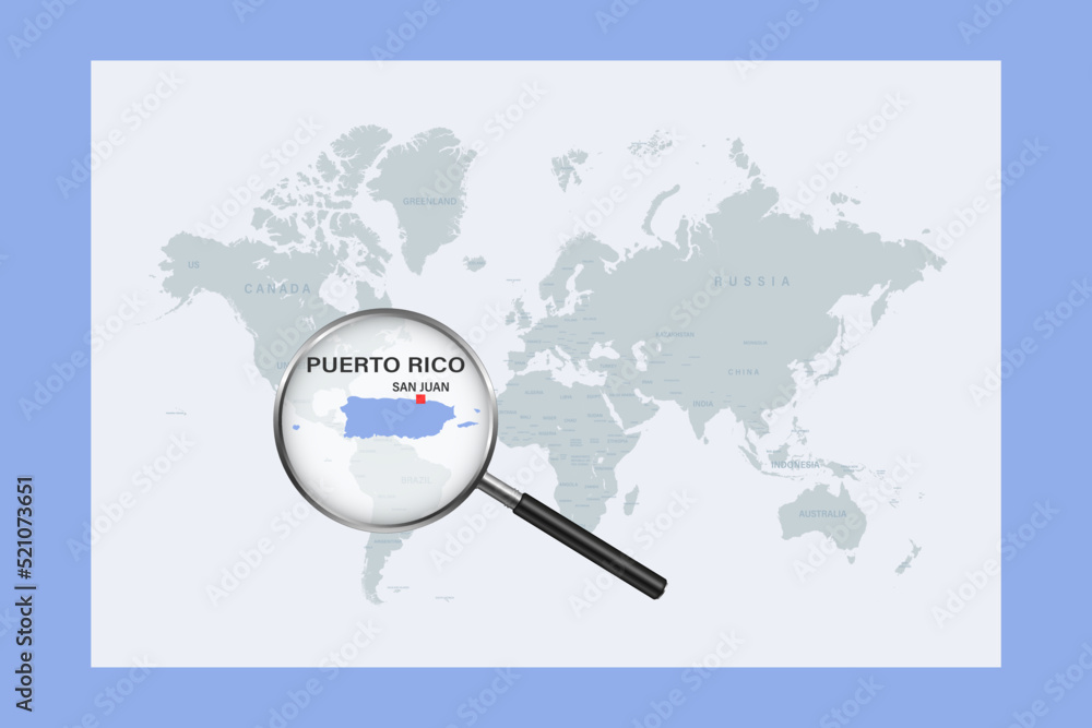Map of Puerto Rico on political world map with magnifying glass
