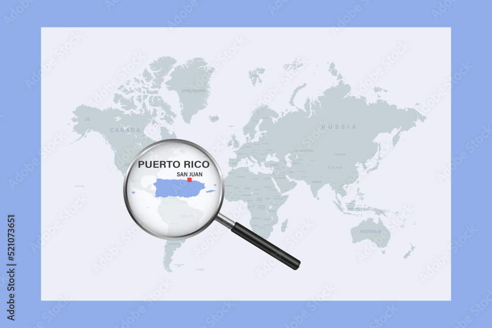 Map of Puerto Rico on political world map with magnifying glass Map of Puerto Rico on political world map with magnifying glass