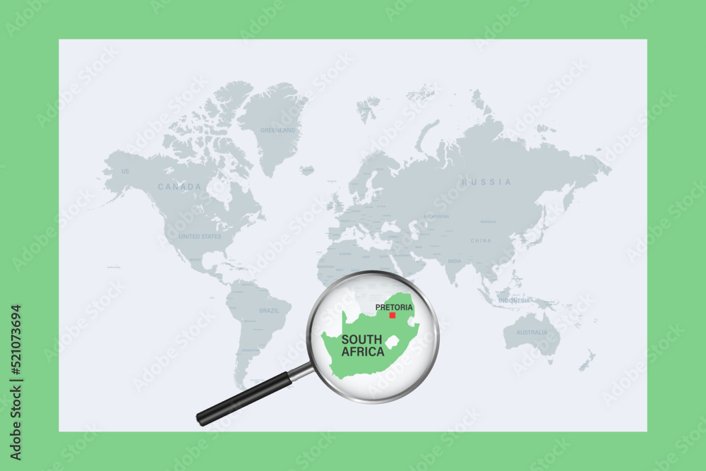 Map of South Africa on political world map with magnifying glass Stock