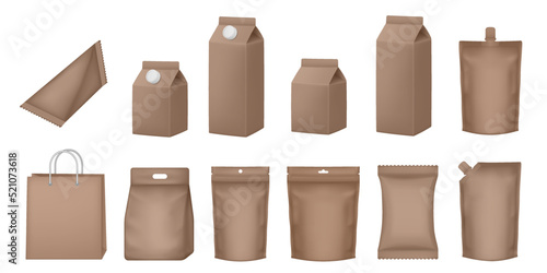 Set of milk cardboard package. Vector zip bag. Realistic carton package with cap. Box for dairy products. Pouch and doy pack mockups. Brown flow pack, sachet. Brown paper bag. Tetrahedral packaging
