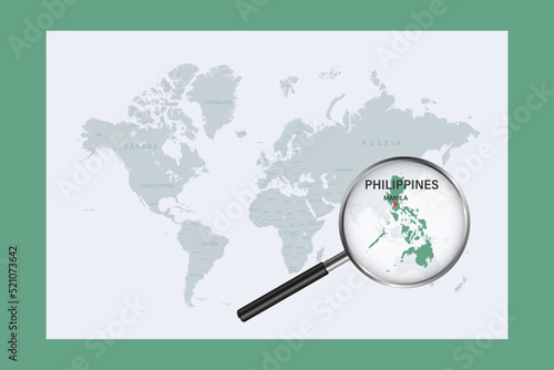 Map of Philippines on political world map with magnifying glass