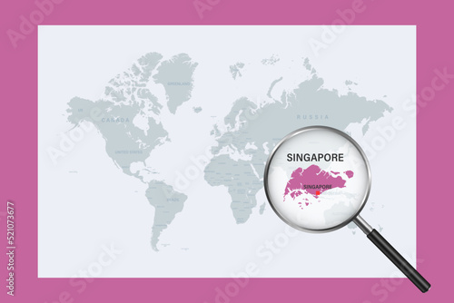 Map of Singapore on political world map with magnifying glass