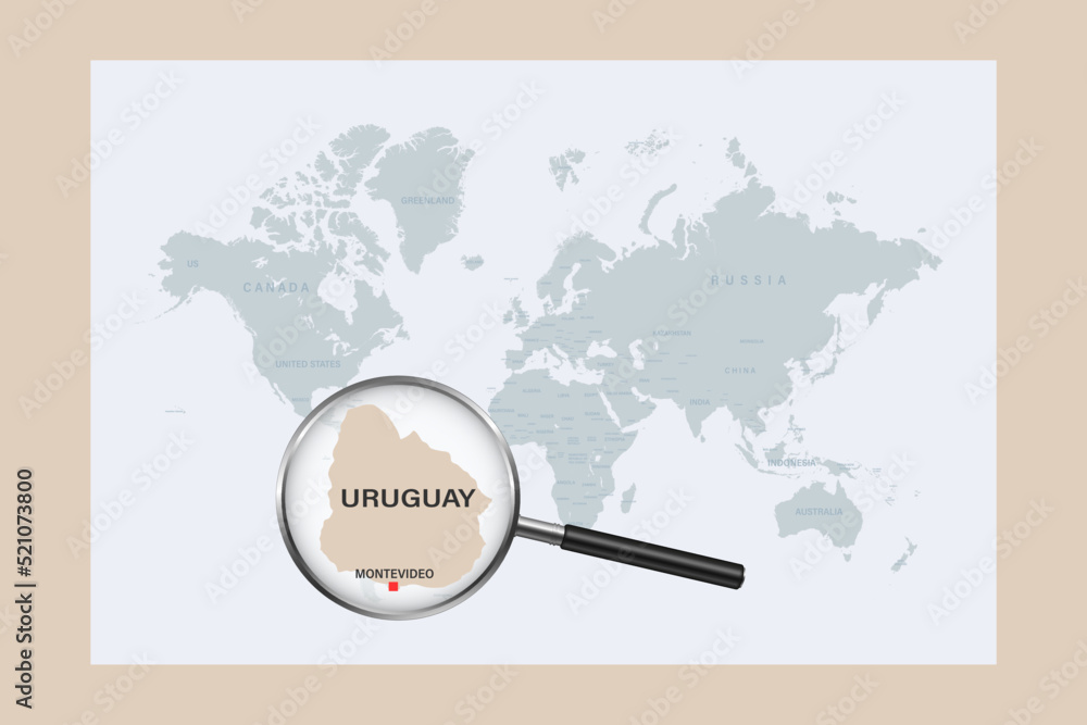 Map of Uruguay on political world map with magnifying glass Map of Uruguay on political world map with magnifying glass
