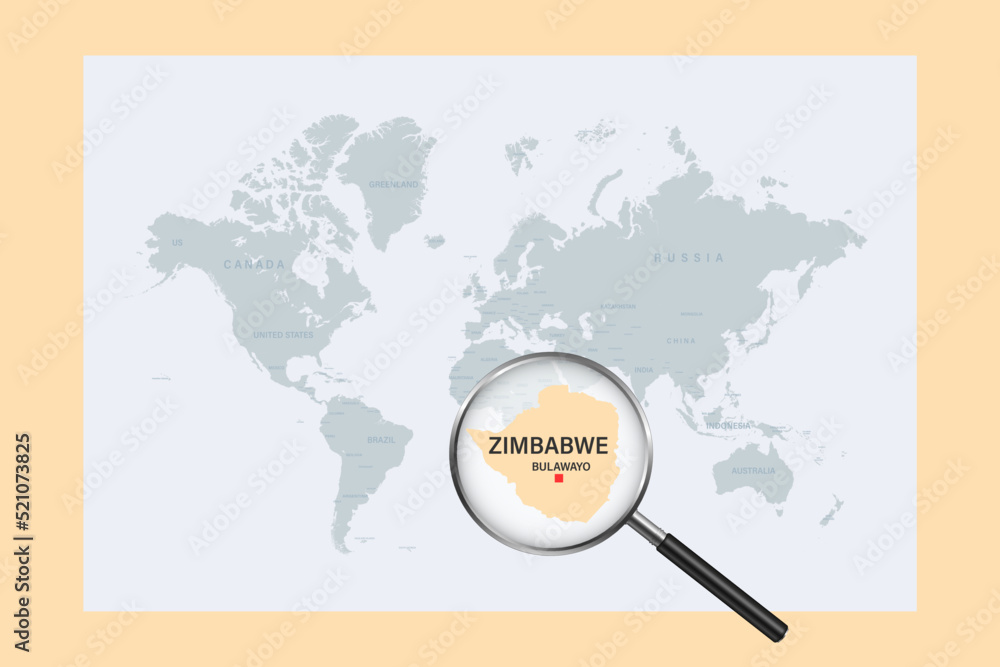 Map of Zimbabwe on political world map with magnifying glass Map of Zimbabwe on political world map with magnifying glass