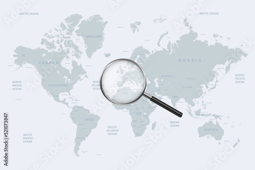 Political detailed world map with countries and magnifying glass