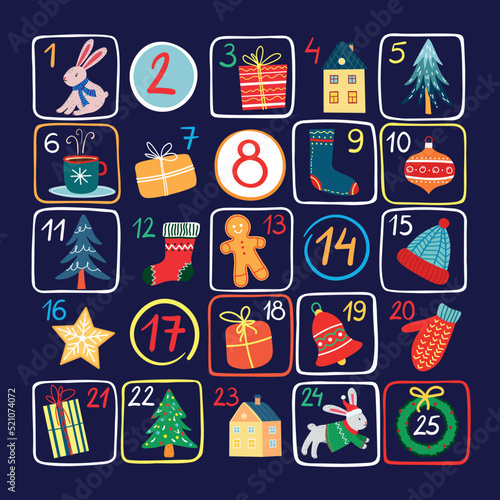 Digital vector advent calendar with Christmas items on blue background. Advent calendar for Christmas for children and adults. Decorative advent calendar for happy family holiday Christmas