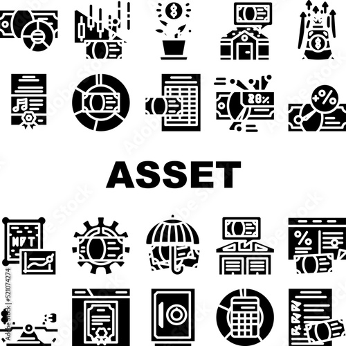 asset management digital business icons set vector. finance technology, data financial money, investment fund, wealth system company asset management digital business glyph pictogram Illustrations