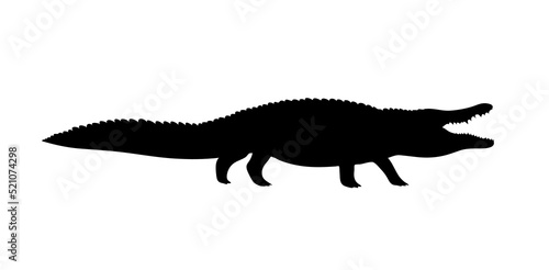 Crocodile with open mouth. Black silhouette. Toothy alligator, caiman. Predator of Africa. Big animal reptile. Design template for label, sign, logo. Vector illustration isolated on white background