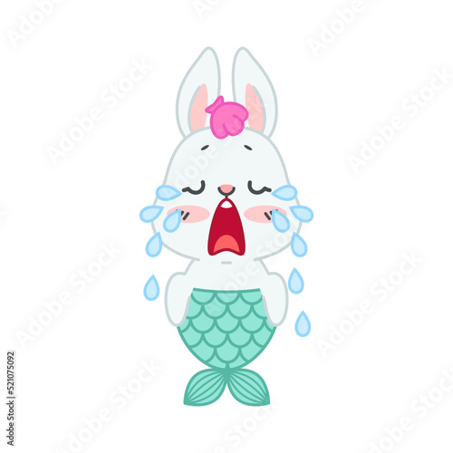 Cute little rabbit with a mermaid tail. Flat cartoon illustration of a mermaid bunny in tears isolated on a white background. Vector 10 EPS.