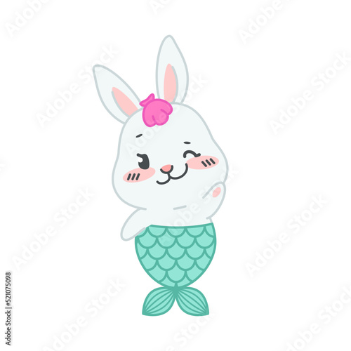 Cute little rabbit with a mermaid tail. Flat cartoon illustration of a mermaid bunny with winking eye isolated on a white background. Vector 10 EPS.