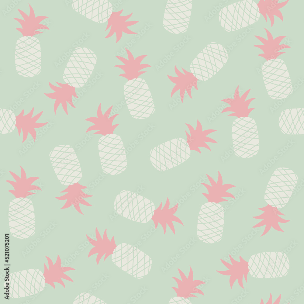 Pastel seamless pattern with white and pink pineapple on mint background. Fruit print. Vector hand drawn illustration. Pastel seamless pattern with white and pink pineapple on mint background. Fruit print. Vector hand drawn illustration.