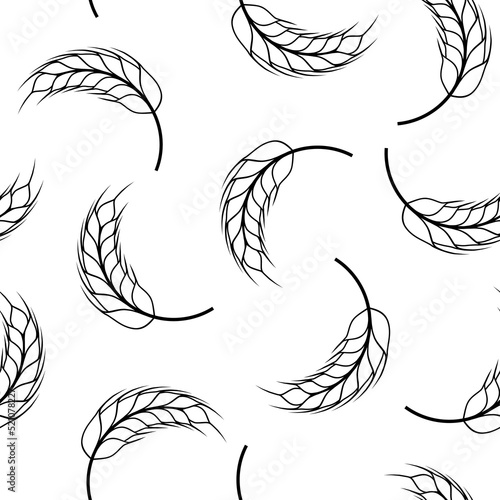 Wheat seamless pattern. Bread grain texture. Stalk oat, barley, corn, rye, malt, bran, millet, maize, rice background. Ear of wheat patern. Repeat black bakery isolated on white. Design prints. Vector