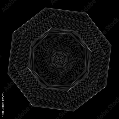 Abstract fractal octagon. Vector illustration. Swirling white symbol on black background. Optical illusion. Twisted octagon. 3D wireframe abstract tunnel. Vector illustration.