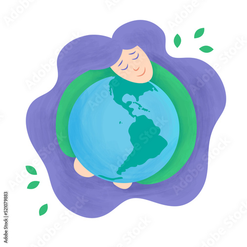 Vector illustration on the theme of ecology. Girl hugs the planet. Care of the earth.