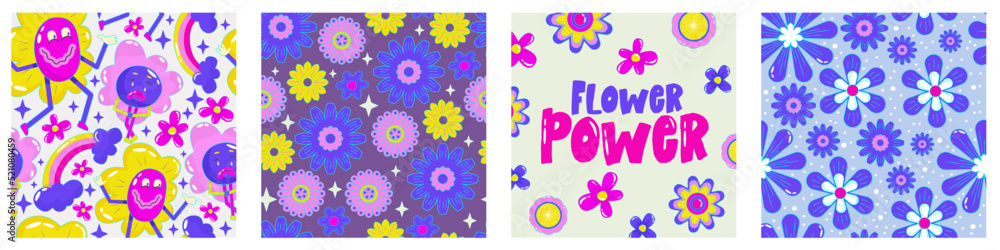 Daisy flower power poster set for print design. Abstract trippy psychedelic pattern. Flower power. Funny vector illustration. Retro 1990 poster for tshirt design
