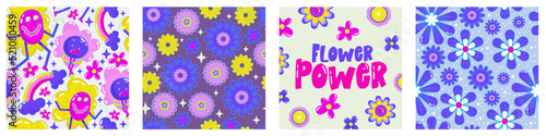 Daisy flower power poster set for print design. Abstract trippy psychedelic pattern. Flower power. Funny vector illustration. Retro 1990 poster for tshirt design